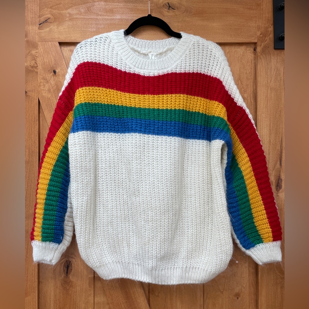 Rainbow striped white knitted sweater!